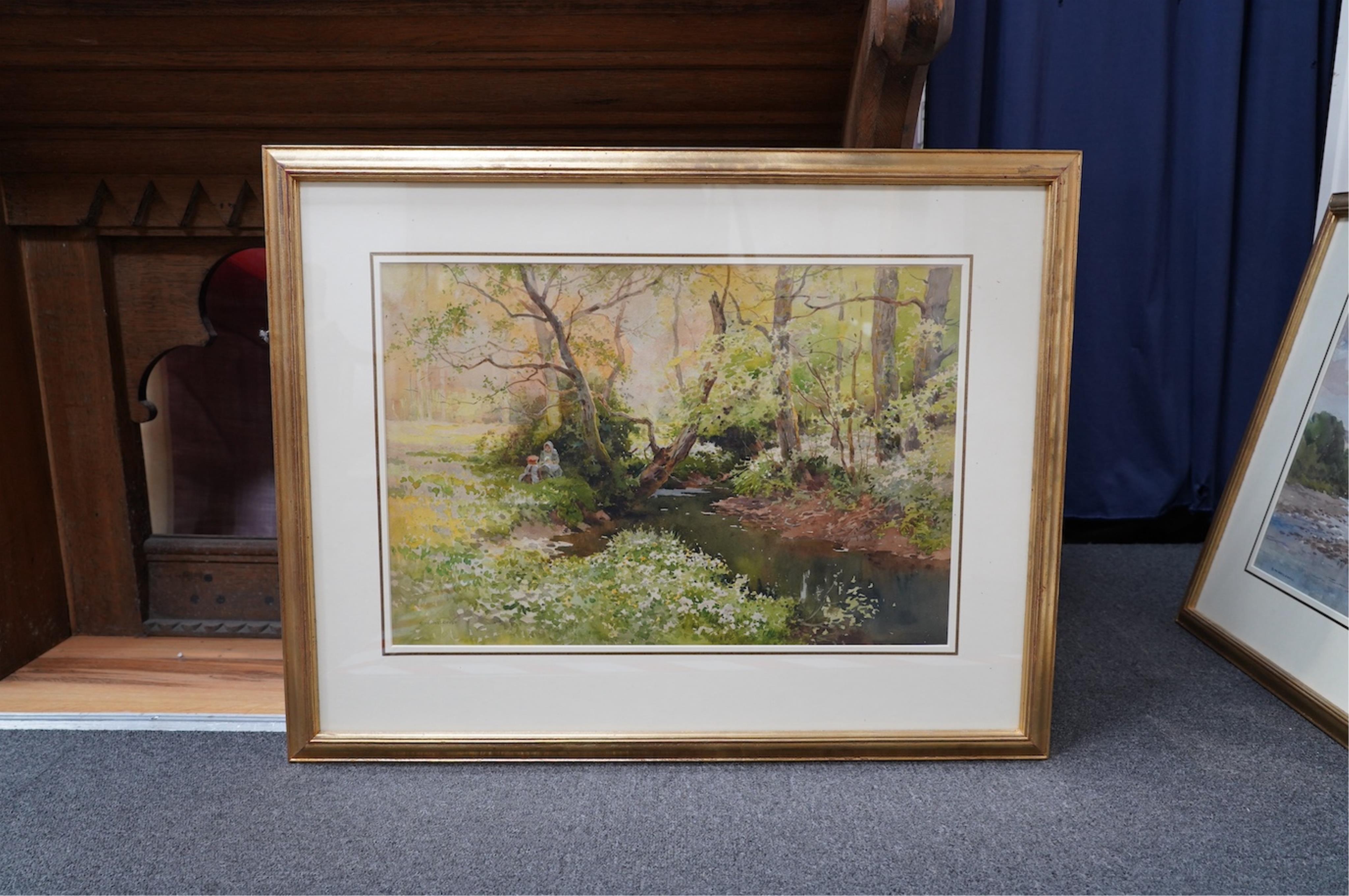 Two watercolours comprising Ernest William Haslehust (1866-1949), ‘Springtime near Fletching’ and ‘On the Weir’ and Rosa Harding, oil, Seven Sisters, each signed, 36 x 54cm. Condition - fair to good